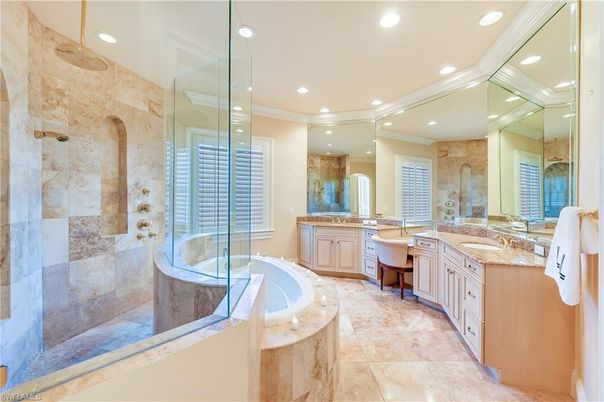Bathroom, Dual Sink Vanities, Glass Shower, Interior, Recessed Lighting