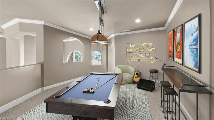 Billiard Table, Game Room, Interior, Pendant Lights, Recessed Lighting