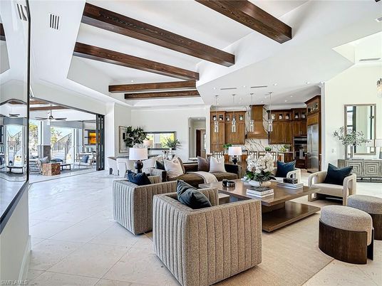 Interior, Kitchen, Living room, Pendant Lights, Recessed Lighting, Stainless Steel Appliances, Wooden Beams