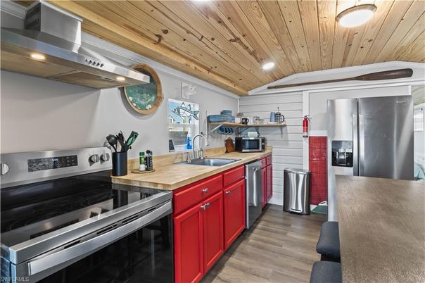 Interior, Kitchen, Stainless Steel Appliances, Wooden Ceilings, Wood Texture Flooring