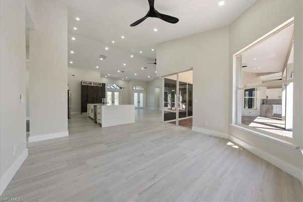 Empty room, Interior, Kitchen, Recessed Lighting, Wood Texture Flooring