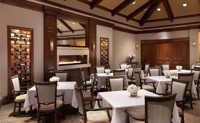 Dining room, Fireplace, Interior, Recessed Lighting, Wooden Beams