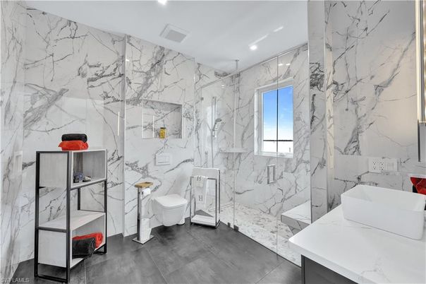 Bathroom, Glass Shower, Interior, Marble Walls, Recessed Lighting