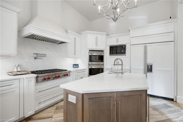 Chandelier, Interior, Kitchen, Marble Walls, Stainless Steel Appliances