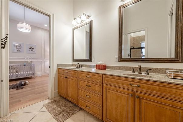 Bathroom, Dual Sink Vanities, Interior, Pendant Lights, Wood Texture Flooring