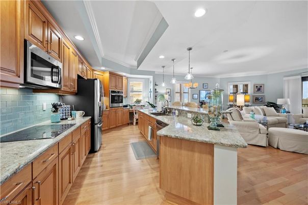 Interior, Kitchen, Living room, Pendant Lights, Recessed Lighting, Stainless Steel Appliances, Wood Texture Flooring