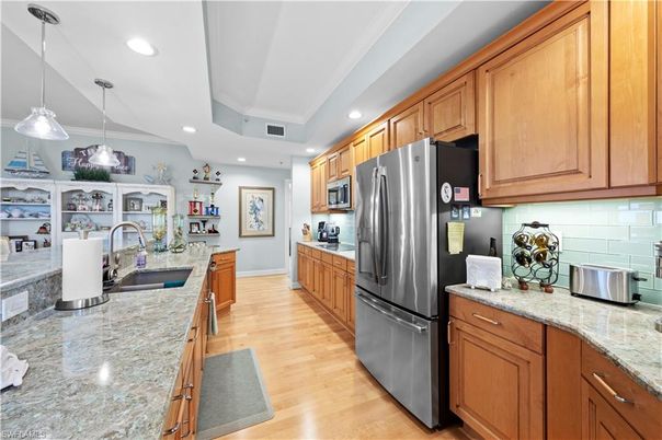 Interior, Kitchen, Pendant Lights, Recessed Lighting, Stainless Steel Appliances, Wood Texture Flooring