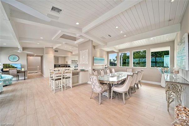 Dining room, Interior, Kitchen, Recessed Lighting, Stainless Steel Appliances, Wood Texture Flooring