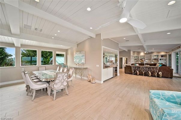 Dining room, Interior, Kitchen, Living room, Recessed Lighting, Wood Texture Flooring