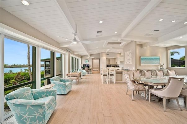 Dining room, Interior, Kitchen, Living room, Recessed Lighting, Water, Wood Texture Flooring