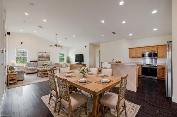 Dining room, Interior, Kitchen, Living room, Recessed Lighting, Stainless Steel Appliances, Wood Texture Flooring