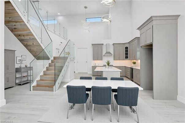 Dining room, Interior, Kitchen, Pendant Lights, Recessed Lighting, Wood Texture Flooring