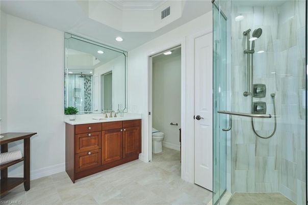 Bathroom, Dual Sink Vanities, Glass Shower, Interior, Recessed Lighting