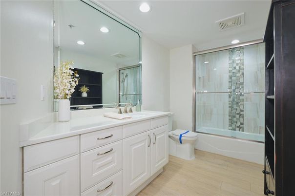 Bathroom, Glass Shower, Interior, Recessed Lighting, Wood Texture Flooring