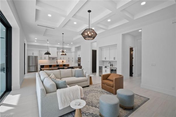 Interior, Kitchen, Living room, Pendant Lights, Recessed Lighting, Stainless Steel Appliances, Wood Texture Flooring