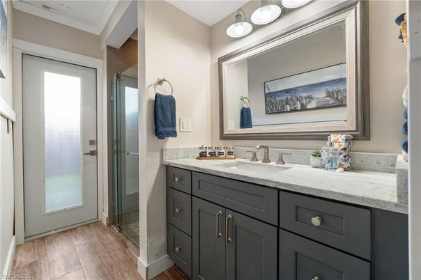 Bathroom, Glass Shower, Interior, Wood Texture Flooring