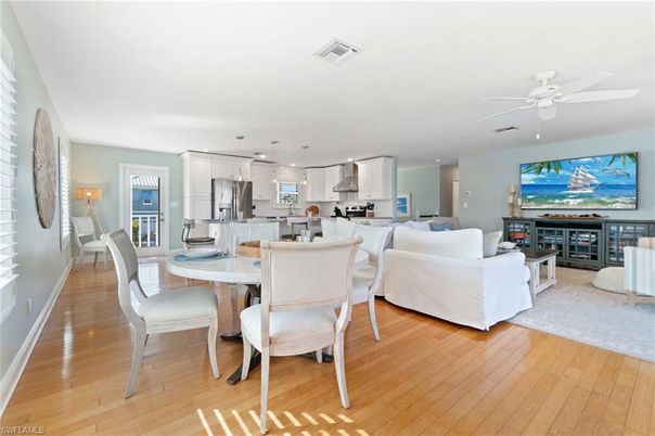 Dining room, Interior, Kitchen, Living room, Pendant Lights, Stainless Steel Appliances, Wood Texture Flooring