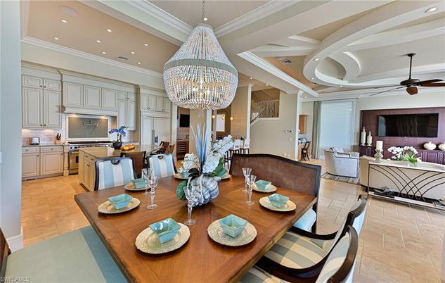 Chandelier, Dining room, Interior, Kitchen, Living room, Recessed Lighting, Stainless Steel Appliances