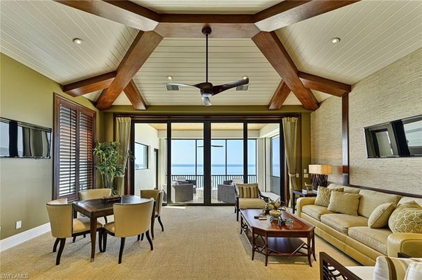 Dining room, Interior, Living room, Pendant Lights, Recessed Lighting, Stone Walls, Wooden Beams