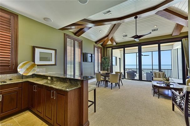 Dining room, Interior, Living room, Recessed Lighting, Water, Wooden Beams