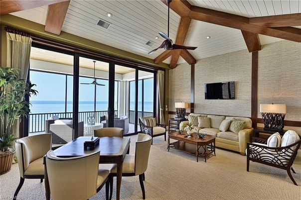 Dining room, Interior, Living room, Recessed Lighting, Stone Walls, Water, Wooden Beams