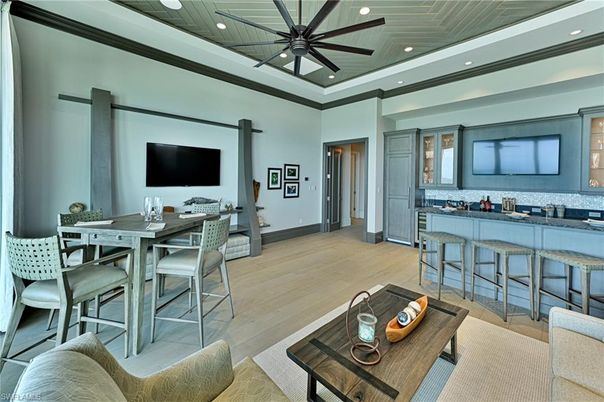 Dining room, Interior, Living room, Recessed Lighting, Wood Texture Flooring