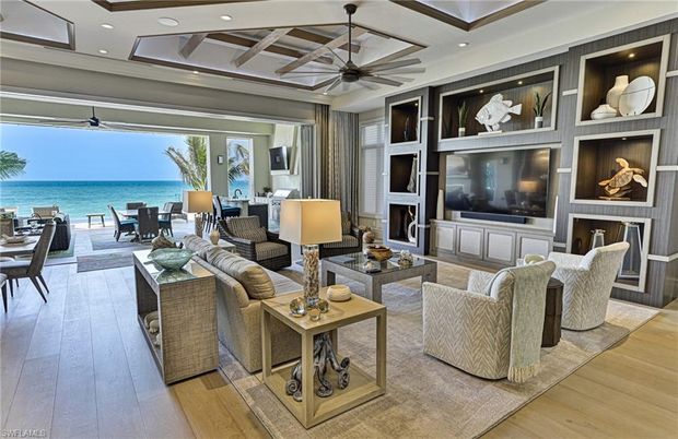 Dining room, Interior, Living room, Recessed Lighting, Water, Wood Texture Flooring