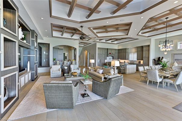 Chandelier, Dining room, Interior, Kitchen, Living room, Pendant Lights, Recessed Lighting, Wooden Beams, Wood Texture Flooring