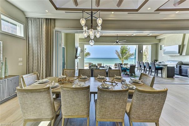 Dining room, Interior, Pendant Lights, Recessed Lighting, Water, Wood Texture Flooring