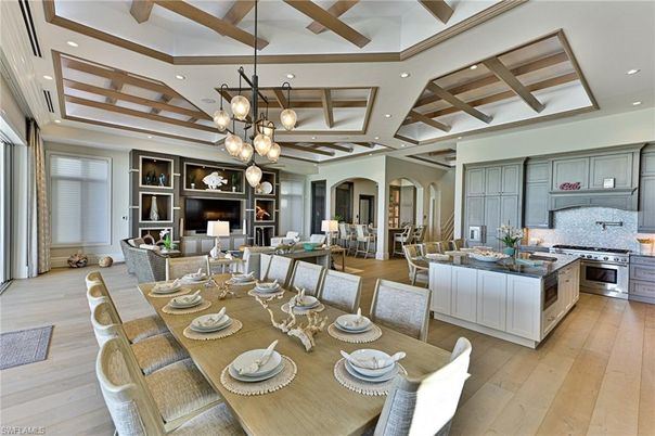 Dining room, Interior, Kitchen, Living room, Pendant Lights, Recessed Lighting, Stainless Steel Appliances, Wooden Beams, Wood Texture Flooring