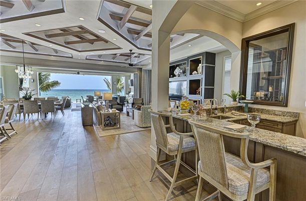 Chandelier, Dining room, Interior, Living room, Recessed Lighting, Water, Wood Texture Flooring