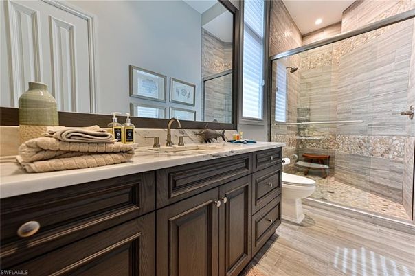 Bathroom, Glass Shower, Interior, Recessed Lighting, Wood Texture Flooring