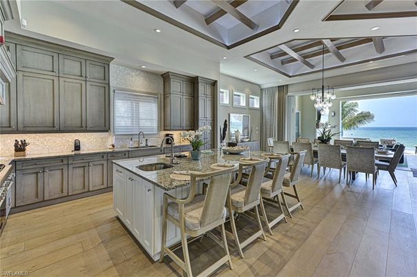 Chandelier, Dining room, Interior, Kitchen, Recessed Lighting, Water, Wood Texture Flooring
