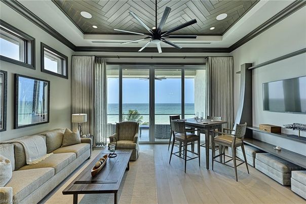 Dining room, Interior, Living room, Recessed Lighting, Water, Wooden Ceilings, Wood Texture Flooring