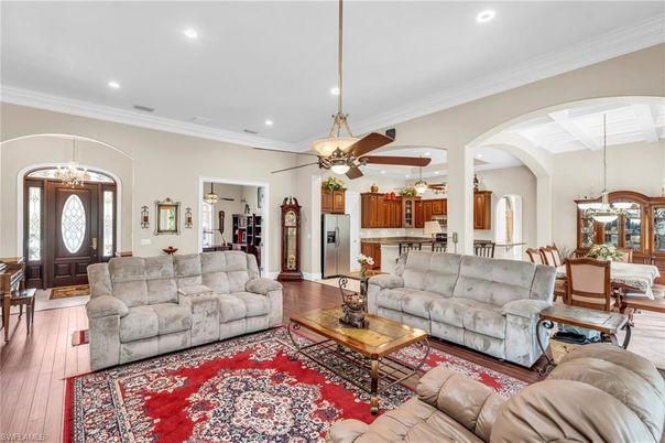 Dining room, Interior, Kitchen, Living room, Pendant Lights, Recessed Lighting, Stainless Steel Appliances, Wood Texture Flooring
