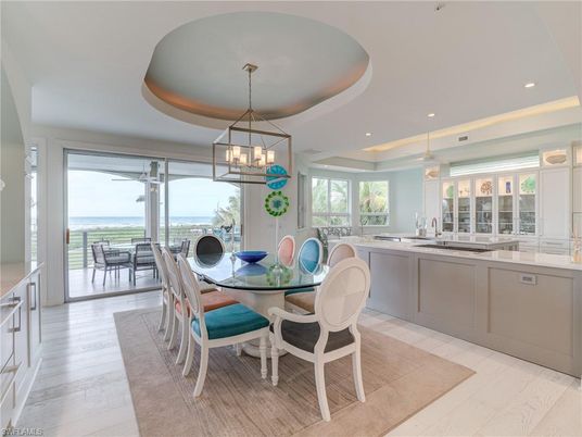 Dining room, Interior, Pendant Lights, Recessed Lighting, Wood Texture Flooring