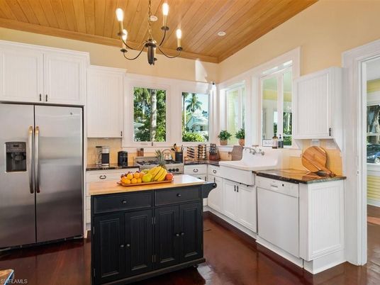 Chandelier, Interior, Kitchen, Recessed Lighting, Stainless Steel Appliances, Wooden Ceilings, Wood Texture Flooring