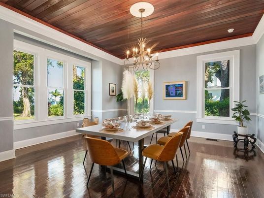 Chandelier, Dining room, Interior, Wooden Ceilings, Wood Texture Flooring