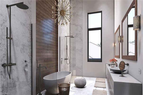 Bathroom, Dual Sink Vanities, Free Standing Baths, Glass Shower, Interior, Marble Walls, Pendant Lights