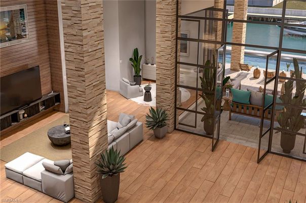 Interior, Living room, Stone Walls, Water, Wood Texture Flooring