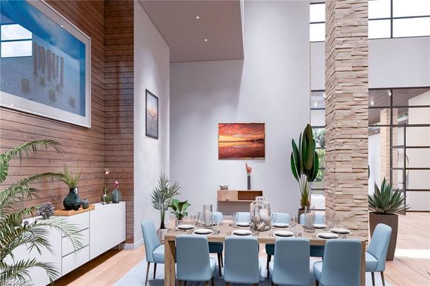 Dining room, Interior, Recessed Lighting, Wood Texture Flooring, Wooden Walls