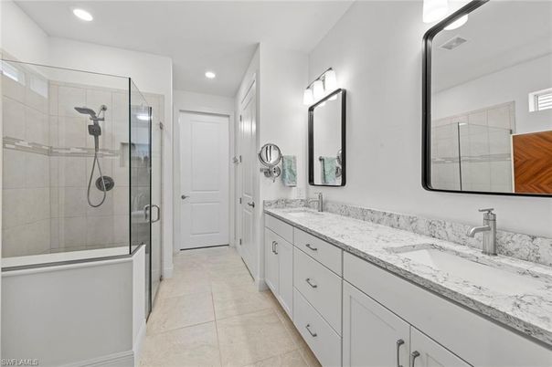 Bathroom, Dual Sink Vanities, Glass Shower, Interior, Recessed Lighting