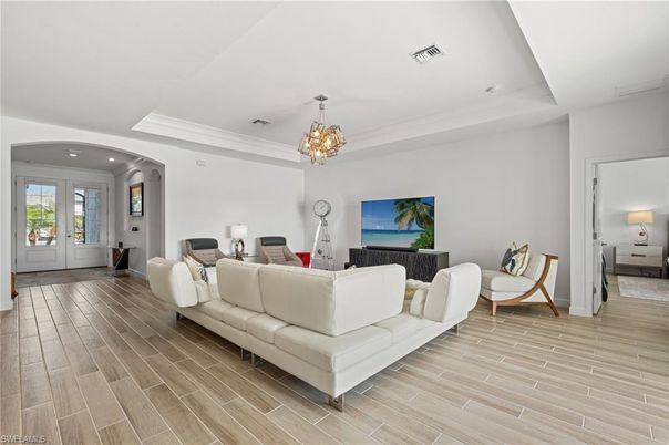 Chandelier, Interior, Living room, Recessed Lighting, Wood Texture Flooring