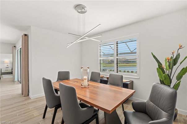 Dining room, Interior, Pendant Lights, Wood Texture Flooring
