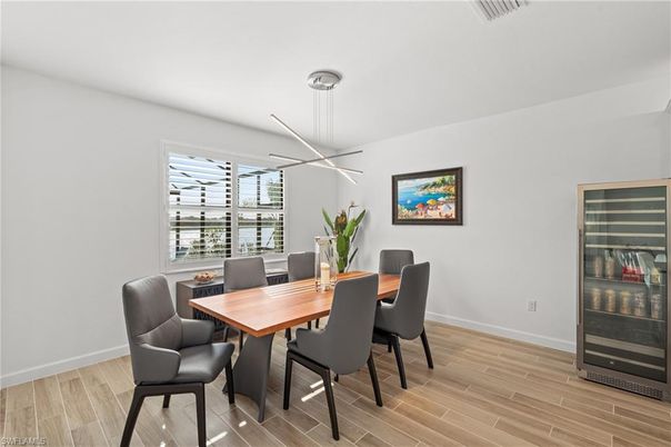 Dining room, Interior, Pendant Lights, Wood Texture Flooring