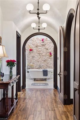 Chandelier, Interior, Stone Walls, Wood Texture Flooring