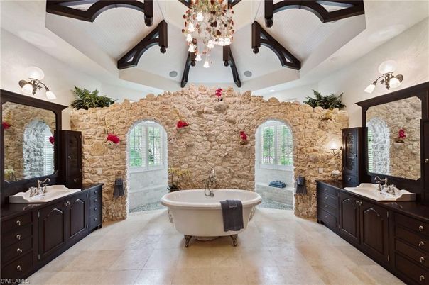 Bathroom, Dual Sink Vanities, Free Standing Baths, Interior, Stone Walls