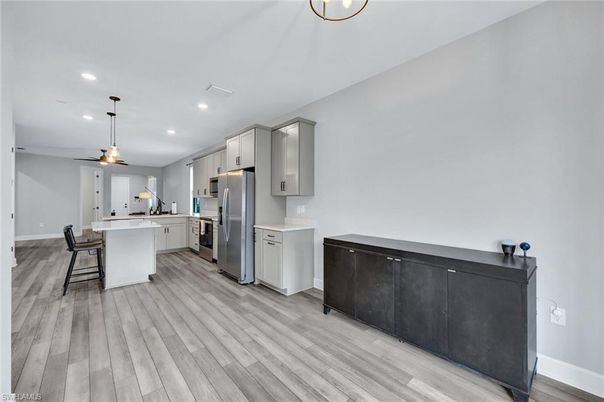 Interior, Kitchen, Pendant Lights, Recessed Lighting, Wood Texture Flooring