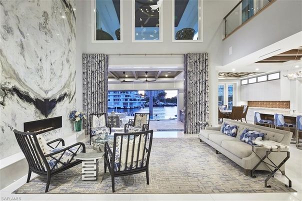 Dining room, Fireplace, Interior, Living room, Pendant Lights, Recessed Lighting, Water