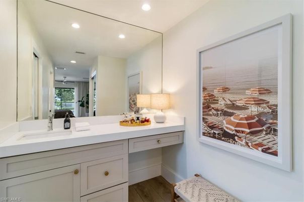 Bathroom, Dual Sink Vanities, Interior, Recessed Lighting, Wood Texture Flooring
